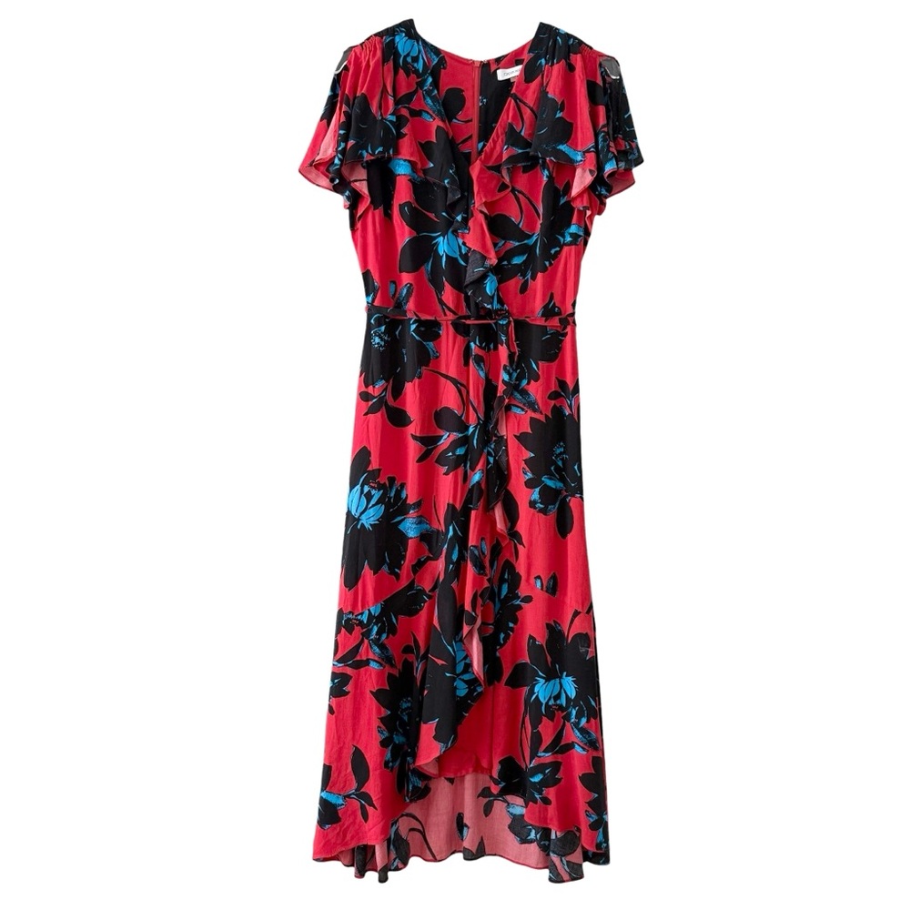 Ruffle Front Flutter Sleeve High Low Calvin Klein Red Black & Blue Midi Dress